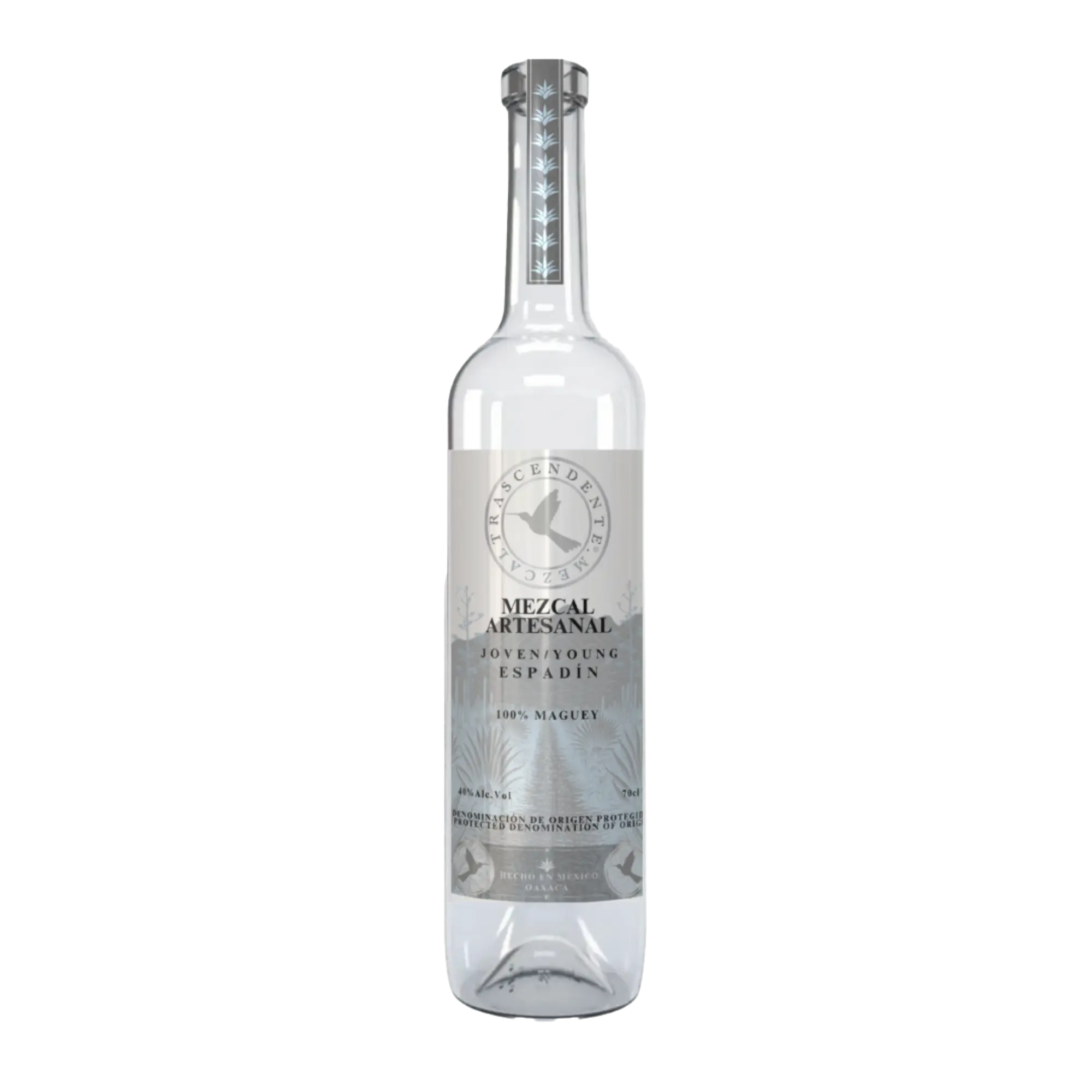 A clear glass bottle of Mezcal Trascendente Espadin 700ml with a white and silver label featuring an agave illustration stands upright, suggesting citric aromas against a clean white background.