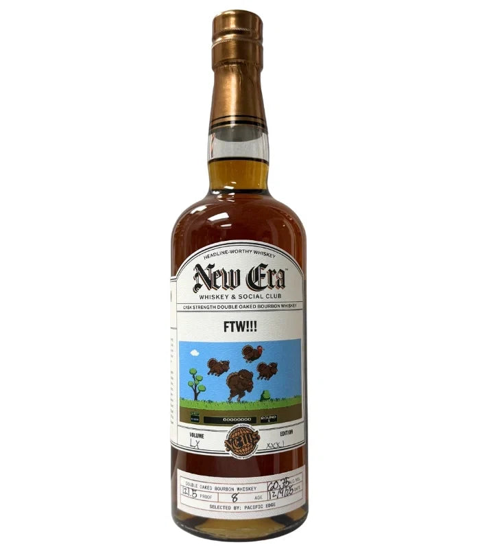 A bottle of New Era FTW!!! 8 Year BuffTurkey Cask Strength Double Oaked Bourbon showcases a pixel art label featuring buffalo, blue sky, grass, and bold “FTW!!!” text above the artwork—this special edition from New Era delivers a modern spirit with classic depth.