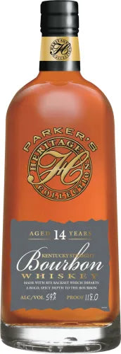 Bottle of Parker’s Heritage Collection 20th Edition 14 Year Rye Backset Bourbon by Parker’s Heritage, featuring a gold and gray label on clear glass with rich amber liquid visible inside—an exceptional barrel-proof Kentucky bourbon.