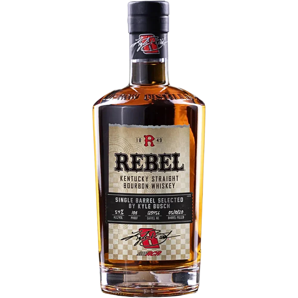 A bottle of Rebel Yell's Rebel x Kyle Busch Single Barrel Bourbon 2026 Limited Edition features a black cap, red "R" logo, and label with proof, date, barrel info, and "Single Barrel Selected by Kyle Busch.” Amber-colored and exclusive release.