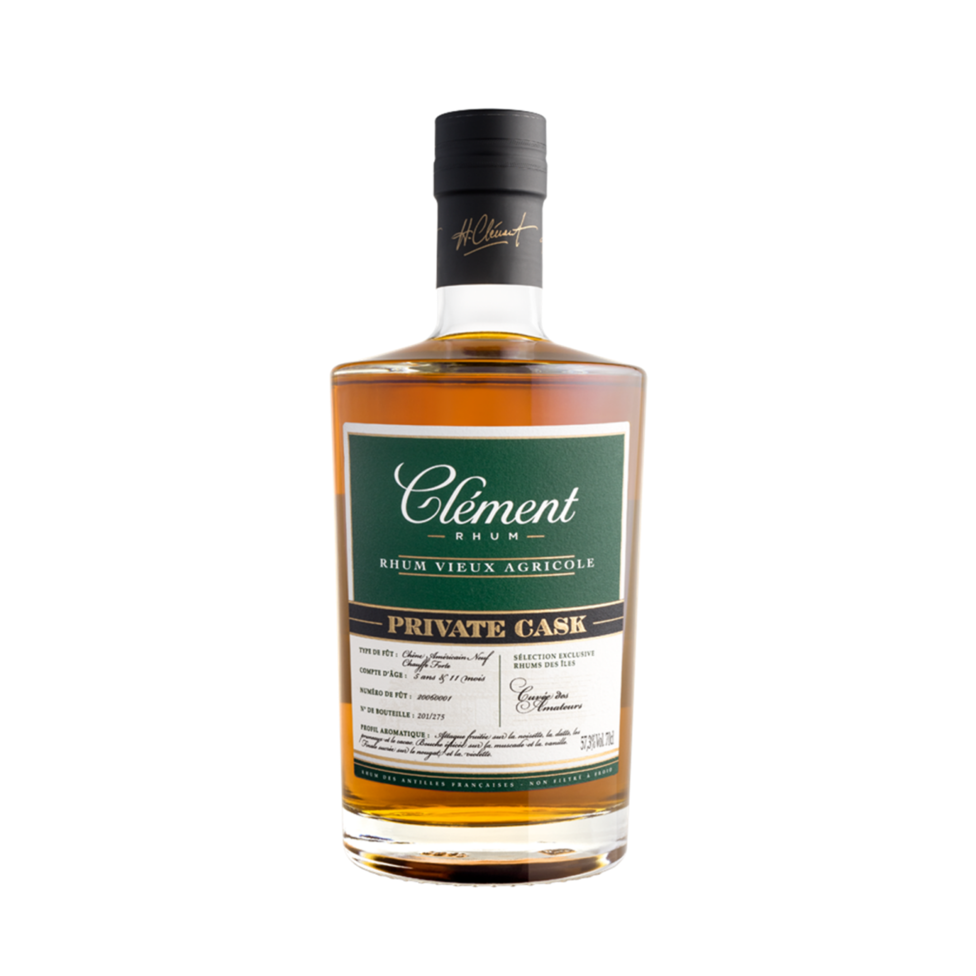 A bottle of Rhum Clément 2015 Tequila Finish rum displays a green and cream label, black cap, and gold accents. Its amber liquid stands out against a plain white background. Brand: Rhum Clément.