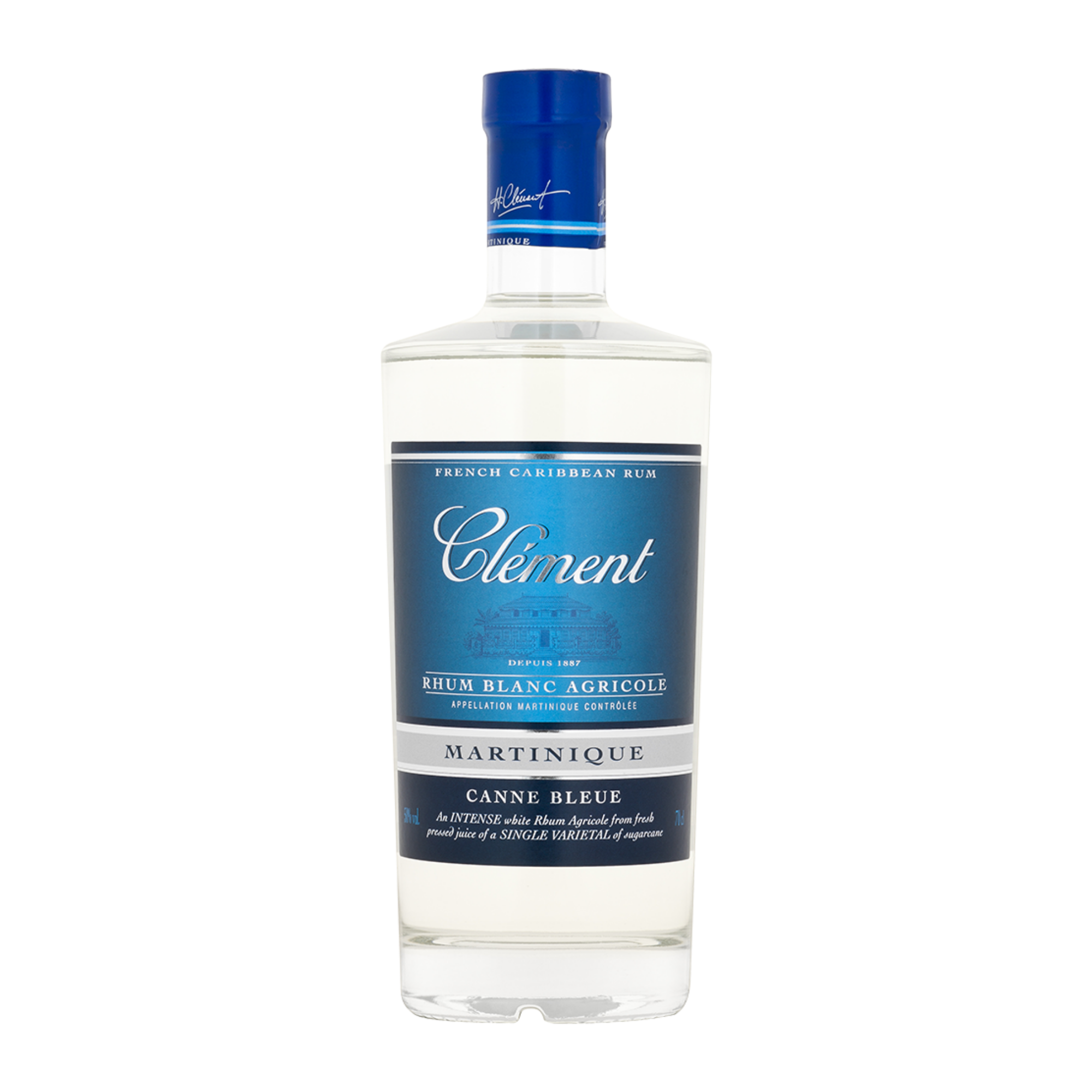 A clear bottle of Rhum Clément Canne Bleue White Rum from Rhum Clément, featuring a blue and white label and blue cap, is set against a plain white background.