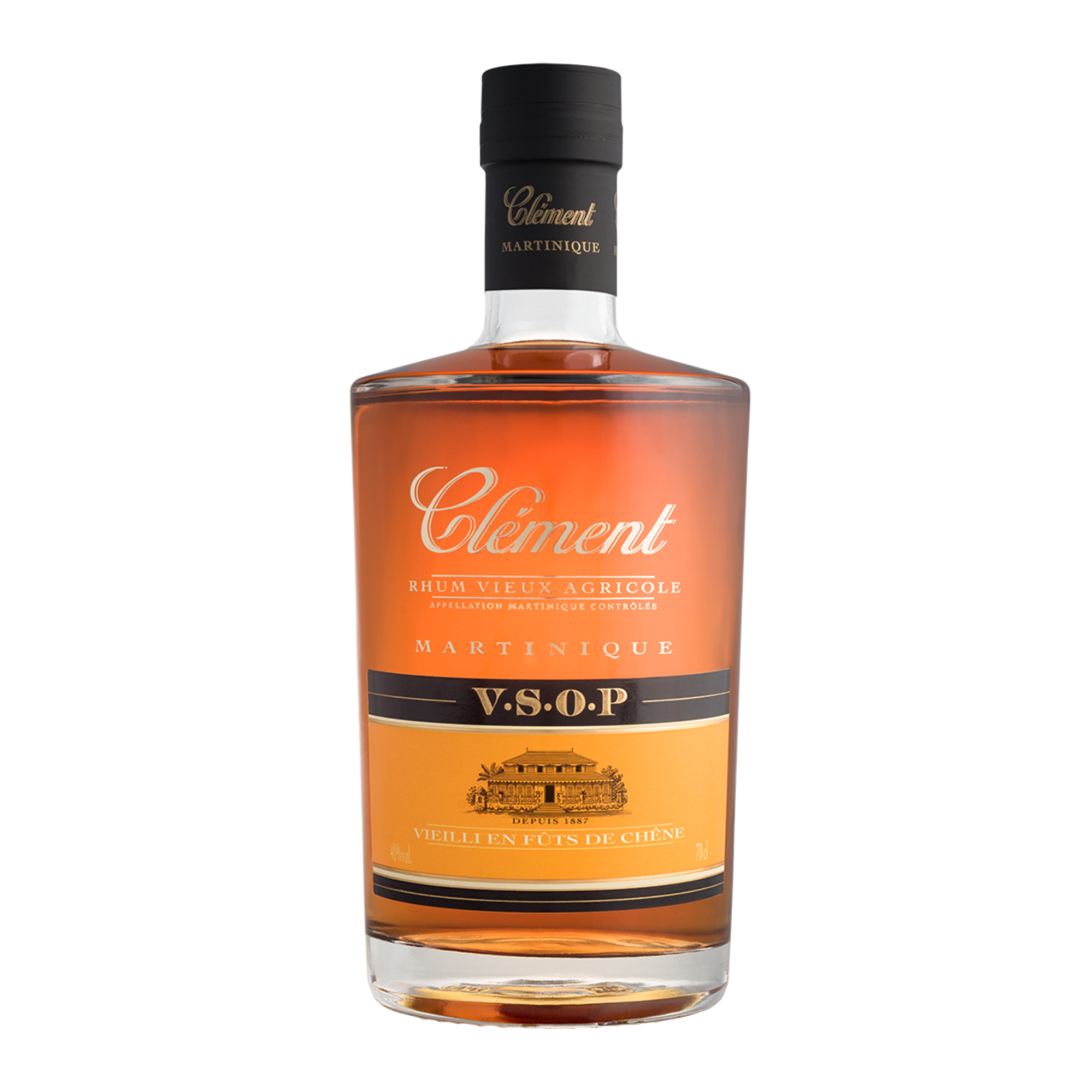 A bottle of Rhum Clément V.S.O.P. by Rhum Clément showcases amber rum in clear glass with a black cap, gold and white label—a prime example of Martinique rum expertise.
