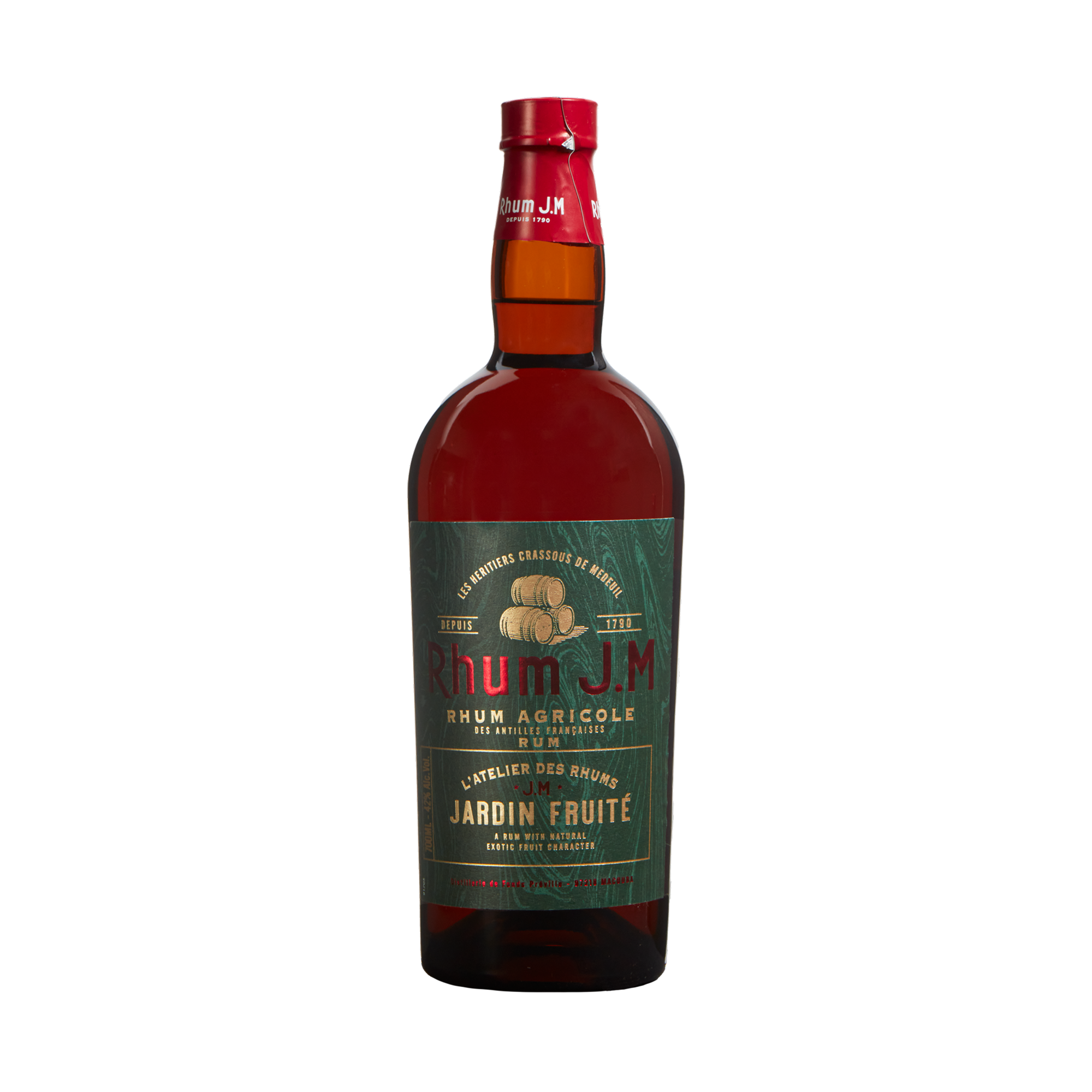 A bottle of Rhum J.M Atelier Jardin Fruité by Rhum J.M, an aged rum in French oak barrels, with a green label accented in gold and red text and a red cap, displayed against a plain white background.
