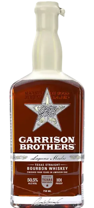 A bottle of Garrison Brothers Laguna Madre 2026 Texas Straight Bourbon Whiskey, featuring the iconic silver star logo and white wax seal, showcases the brand’s commitment to craftsmanship—an exceptional expression that echoes the artistry found in Garrison Brothers’ Limousin oak finished bourbons.