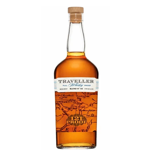 A bottle of The Traveller Whiskey’s Traveller Full Proof Whiskey 121 Proof By Chris Stapleton, a collaboration with Buffalo Trace, featuring map-inspired graphics and a wooden cap.