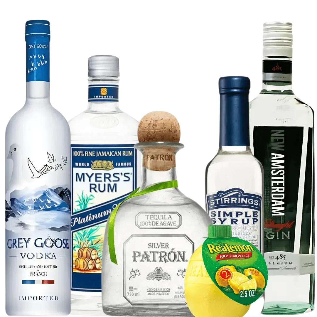 The Long Island Iced Tea Cocktail Kit: Premium Spirits & Mixers Bundle from Main Street Liquor features six top-shelf bottles, perfectly arranged on a white background—ideal for crafting the ultimate classic cocktail at home.