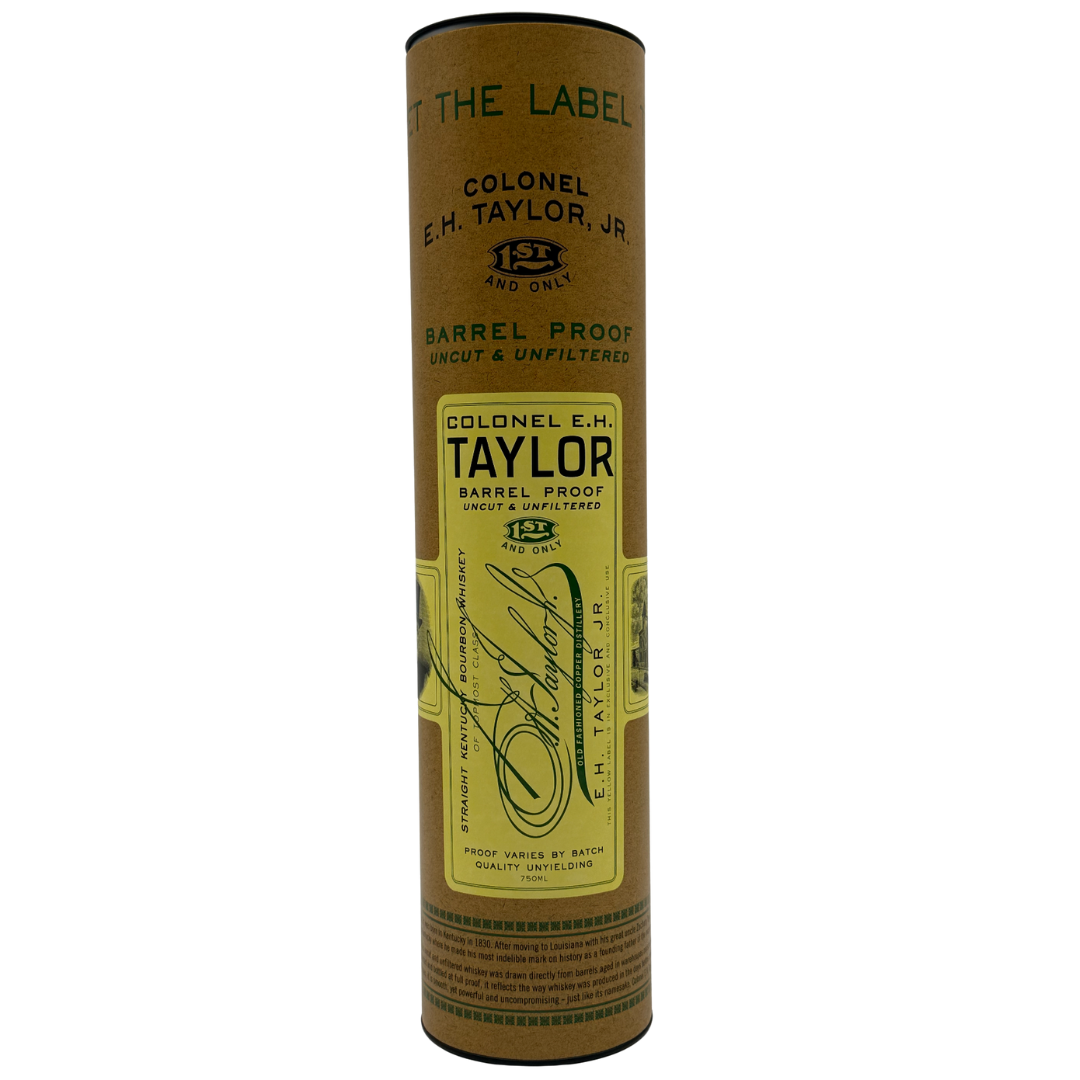 A cylindrical brown container with a yellow label for Colonel E.H. Taylor, Jr. Barrel Proof Bourbon Batch 14 127.4 Proof, showcasing the Colonel E.H. Taylor brand and product details.