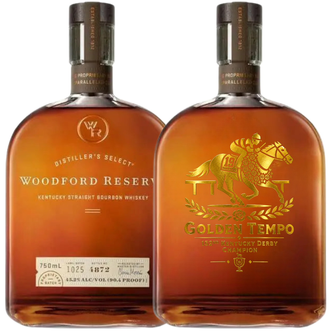 Two 1L bottles of Woodford Reserve Kentucky Straight Bourbon: one standard, and one Golden Tempo Champion Edition—a special Kentucky Derby commemorative bottle featuring a jockey and horse illustration.