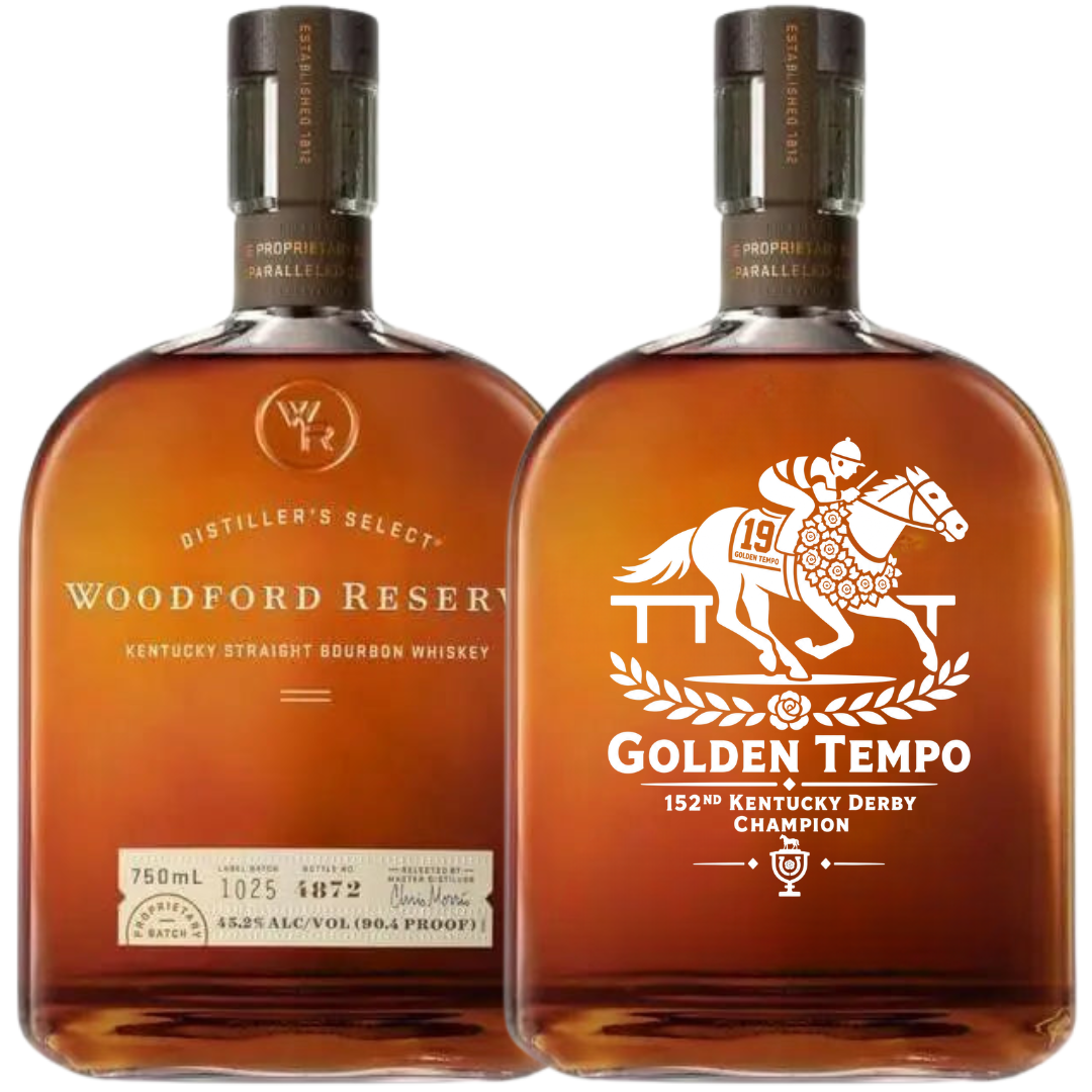 Two bottles of Woodford Reserve Kentucky Straight Bourbon, including the 1L Golden Tempo Champion Edition, a special Derby commemorative bottle.