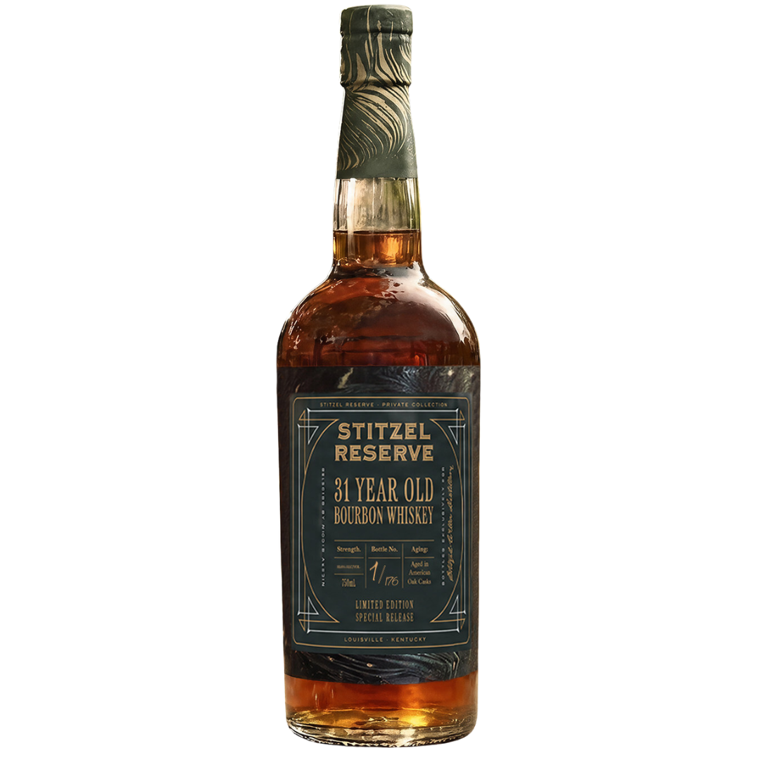 A bottle of Stitzel Weller Stitzel Reserve 31-Year-Old Bourbon Whiskey with a green and gold label and sealed cap stands upright against a white background—a collectible luxury American bourbon.