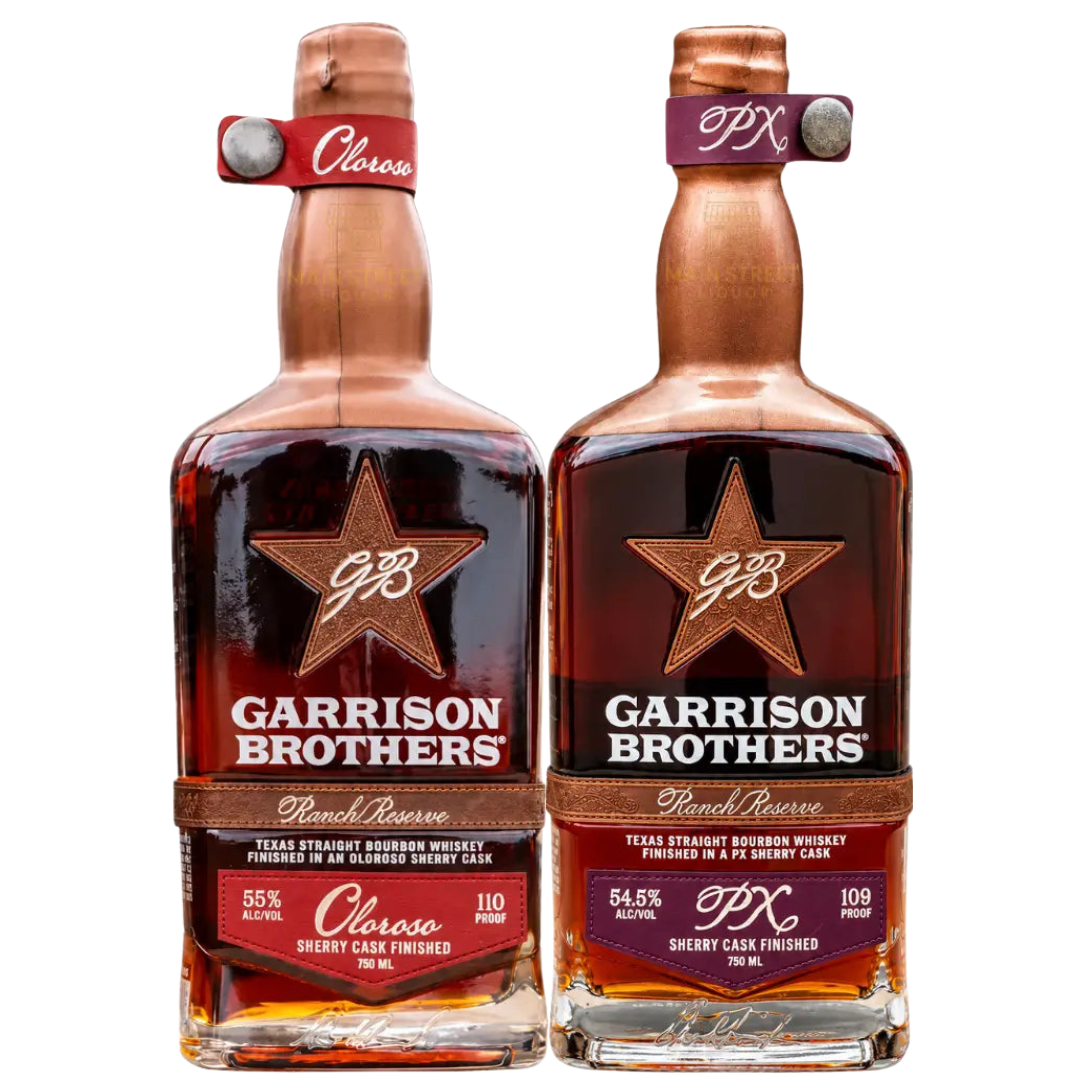 Garrison Brothers Ranch Reserve Sherry Cask Bundle includes Oloroso and PX straight bourbon, both sherry cask finished. Each bottle has embossed leather bands, star logos, and displays alcohol content and proof.