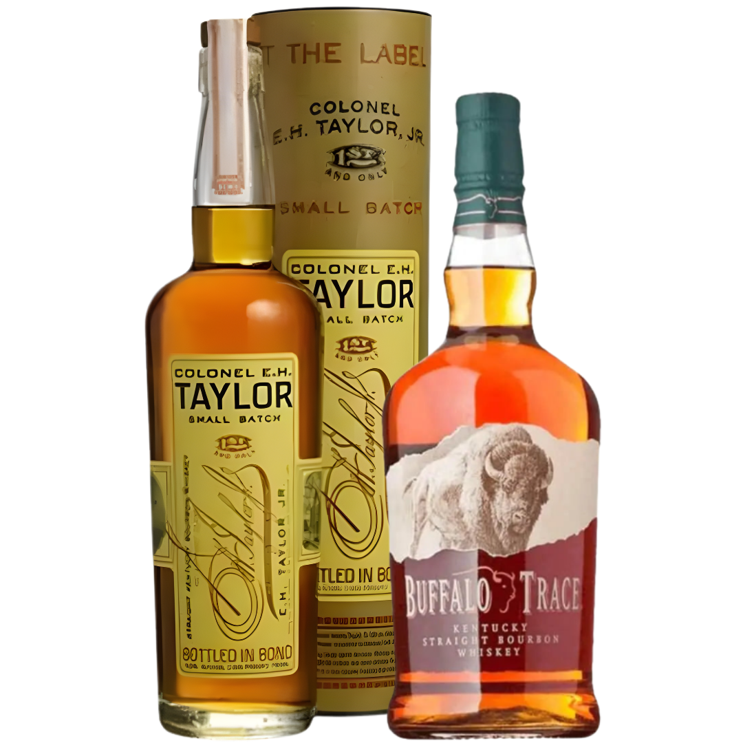 The Buffalo Trace "Buffalo Taylor Bundle" features Colonel E.H. Taylor, Jr. Small Batch with its box and Buffalo Trace Bourbon, both displaying their distinctive labels.