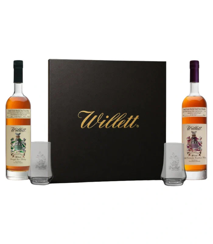 The Willett Family Estate 2-Bottle Gift Set from Willett Distillery includes two 750mL bottles and two branded glasses, displayed beside a large black gift box with “Willett” in gold script.