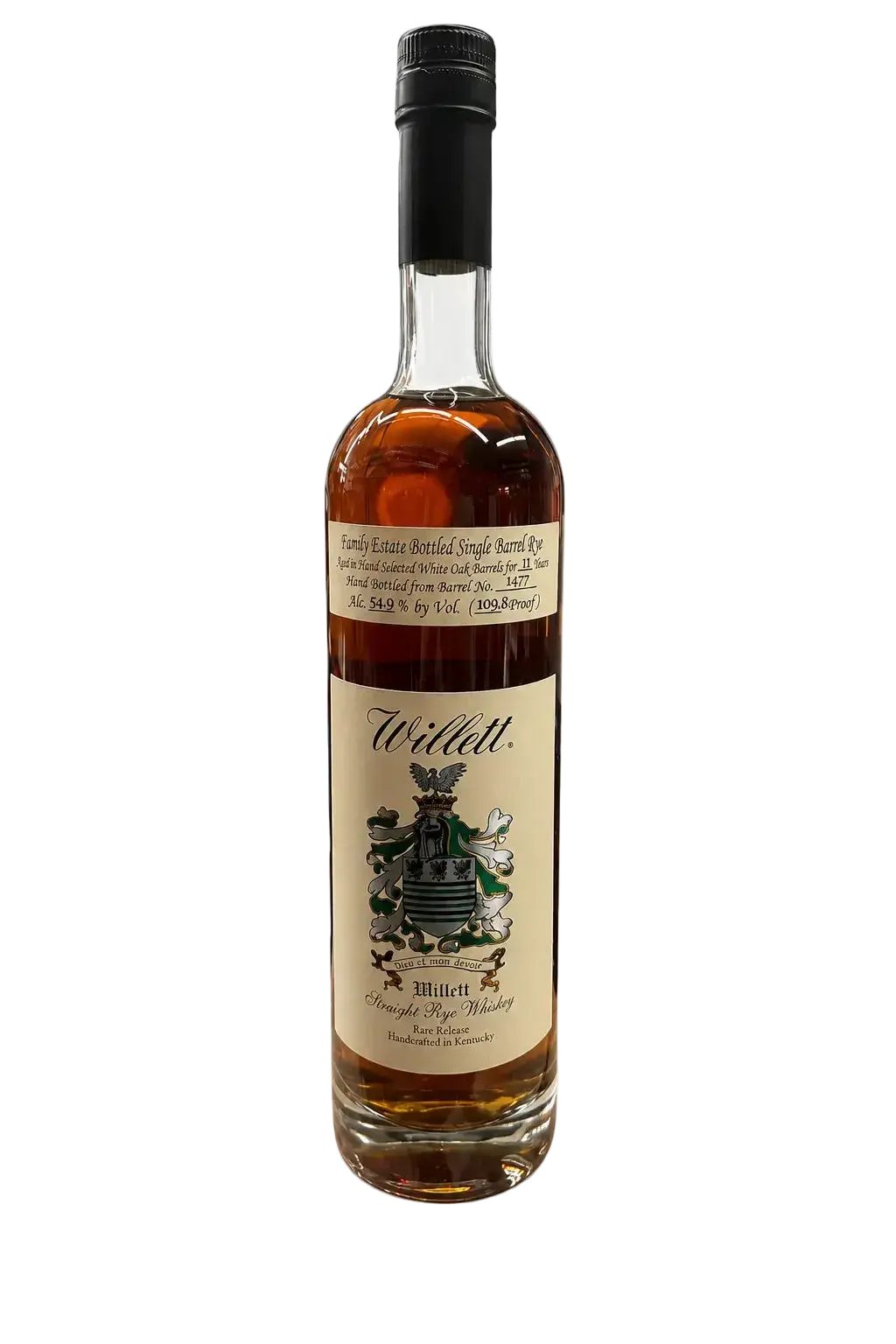 A bottle of Willett Family Estate 11 Year Single Barrel Rye PAC EDGE SOCAL 2025 (750mL) from Willett Distillery, a distinguished single barrel rye whiskey with a beige label, black cap, and family crest on the front, set against a plain white background.