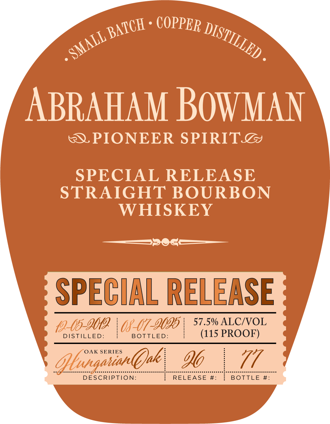 Abraham Bowman Special Release Straight Bourbon Whiskey - Hungarian Oak Series Batch 26 - Main Street Liquor