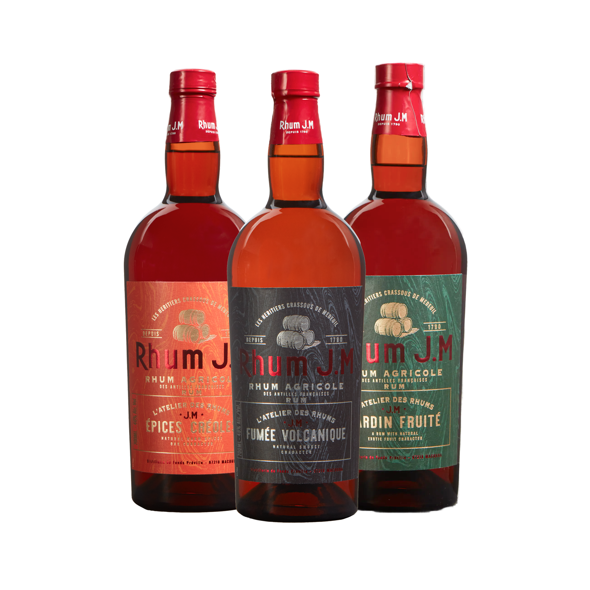 The Rhum J.M Atelier bundle by Spiribam USA features three agricole rums with red, gray, and green labels—Epices Créoles, Fumée Volcanique, and Jardin Fruité—ideal for creating distinctive rum cocktails.