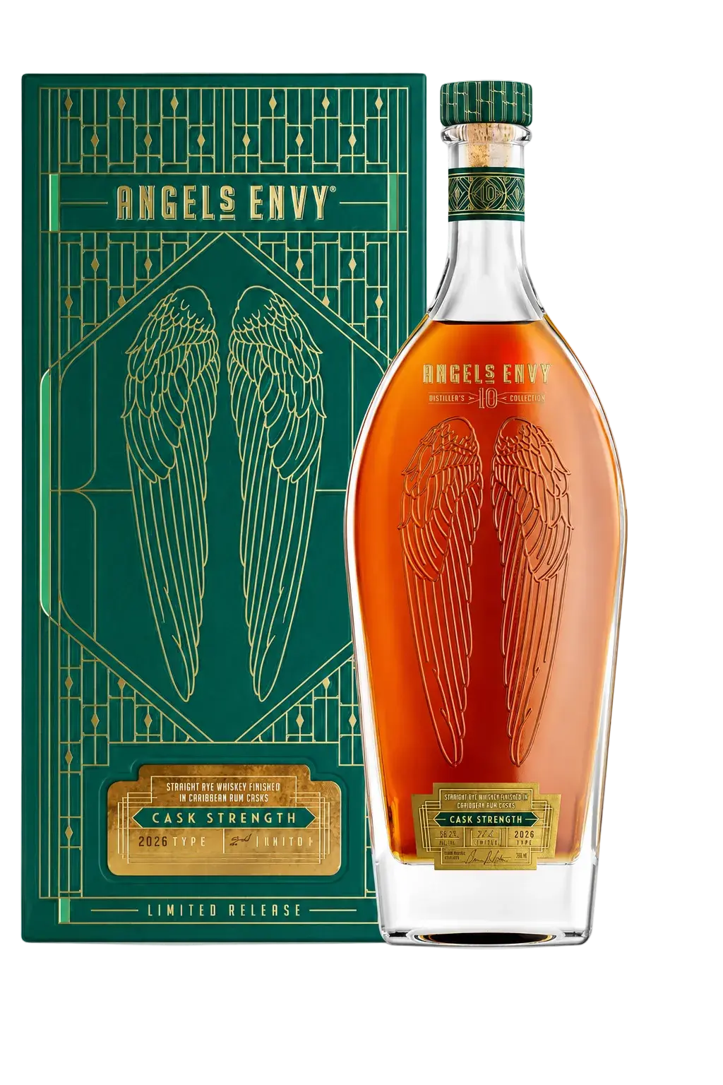 Angels Envy Cask Strength whiskey bottle with amber liquid and a green cap, shown next to its matching green and gold illustrated box on a white background.