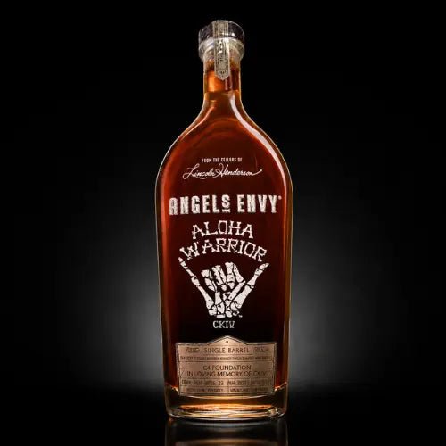 A bottle of Angel's Envy Aloha Warrior C4 Foundation Single Barrel Bourbon, featuring a shaka skeletal hand label, stands upright against a black background—a Navy SEAL tribute supporting the C4 Foundation.
