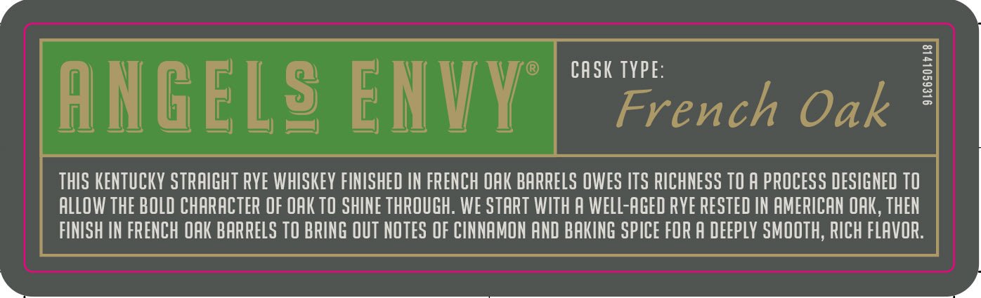 Label for Angel's Envy Unique & Rare Rye Whiskey Finished In French Oak Barrels by Angel's Envy, showcasing its Kentucky rye character, French oak barrel finish, and notes of cinnamon, baking spice, and rich flavor.