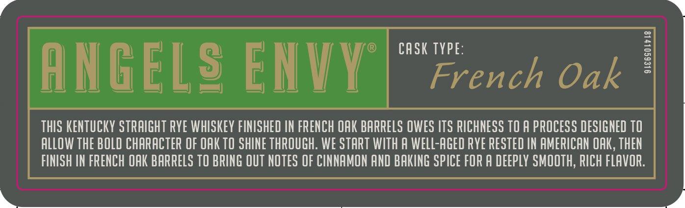 Label for Angel's Envy Unique & Rare Rye Whiskey Finished In French Oak Barrels by Angel's Envy, showcasing its Kentucky rye character, French oak barrel finish, and notes of cinnamon, baking spice, and rich flavor.