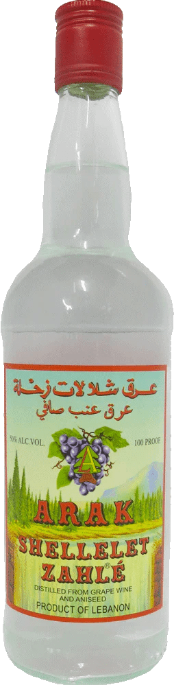 A clear glass bottle of Arak Shellelet Zahle, an anise-flavored Lebanese spirit by Arak Shellelet, features Arabic and English text, grape imagery, and indicates 50% alcohol by volume (100 proof).
