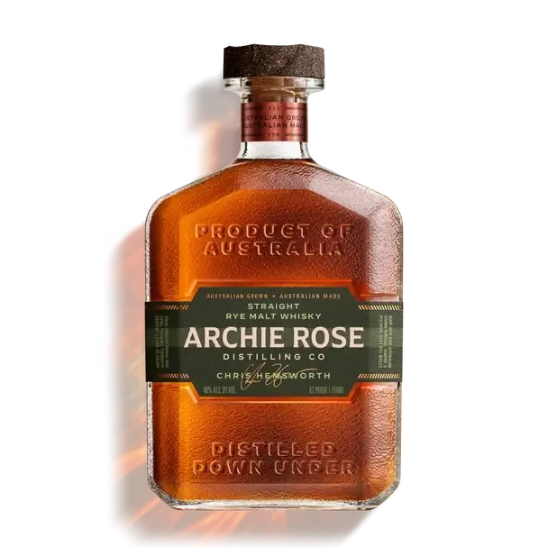 A bottle of Archie Rose Straight Rye Malt Whisky with a dark cork stopper and a label featuring product details and a signature.