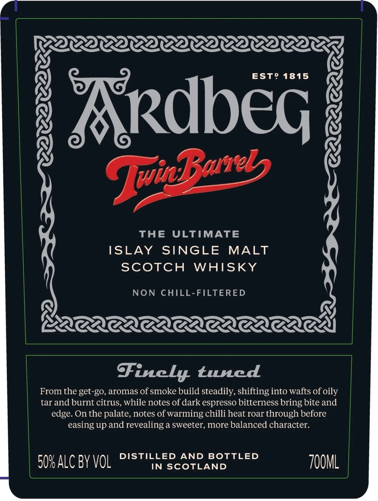 A black label for Ardbeg Twin Barrel Islay Single Malt Scotch Whisky 700mL, adorned with intricate silver patterns and red and white lettering, presents tasting notes that emphasize the bold character of this peated whisky. The label displays 50% ABV and a 700mL bottle size.