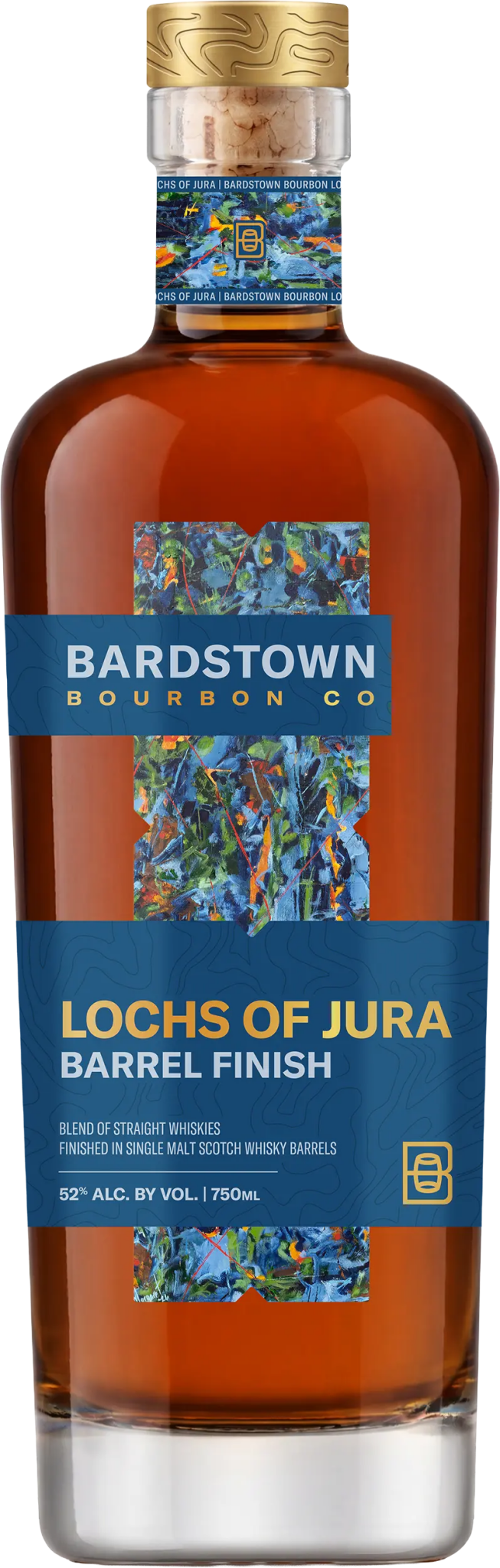 A 750ml bottle of Bardstown Bourbon Company Lochs of Jura Barrel Finish Whiskey, featuring abstract blue artwork and labeled at 52% alcohol by volume. This limited-release offering from Bardstown Bourbon Company highlights exceptional craftsmanship and a unique barrel finish.