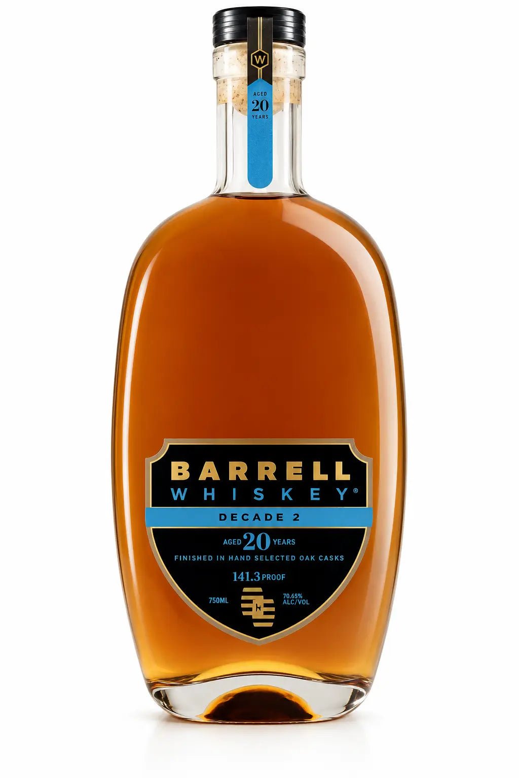 A 750ml bottle of Barrell Whiskey Decade from Barrell Craft Spirits, a limited release aged for 20 years and finished in oak casks. Bottled at 141.3 proof, this whiskey features a striking blue and black label with gold accents and offers rich depth and character.