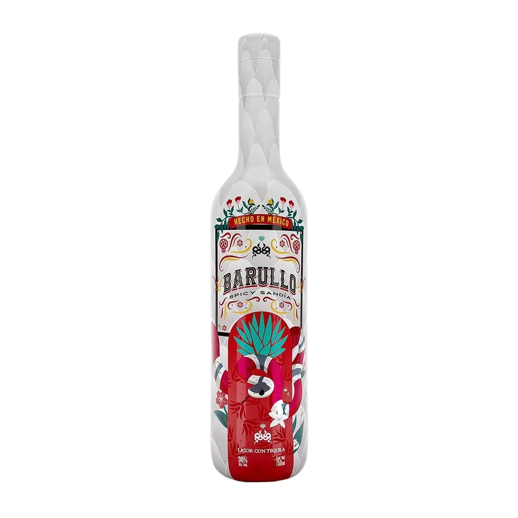 A 750ml bottle of Barullo Spicy Watermelon Sandía Liqueur—a vibrant, Mexican-inspired spirit—adorned with a colorful label displaying watermelon, chili, and agave illustrations, and “Hecho en Mexico” text at the top.