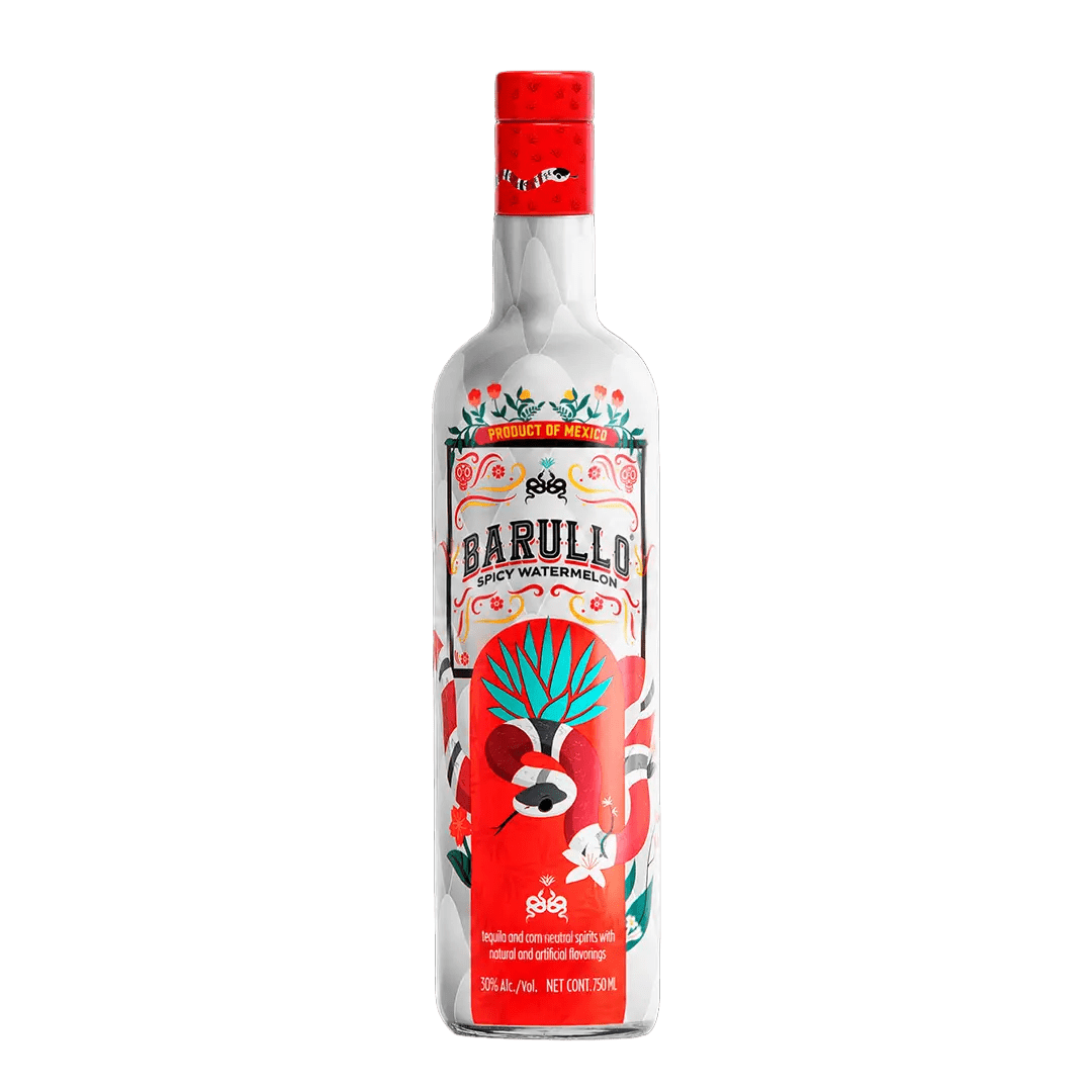 A glass bottle of Barullo Spicy Watermelon Sandía Liqueur 750ml, featuring a colorful label with floral and agave motifs, presented as a Mexican-inspired spirit.