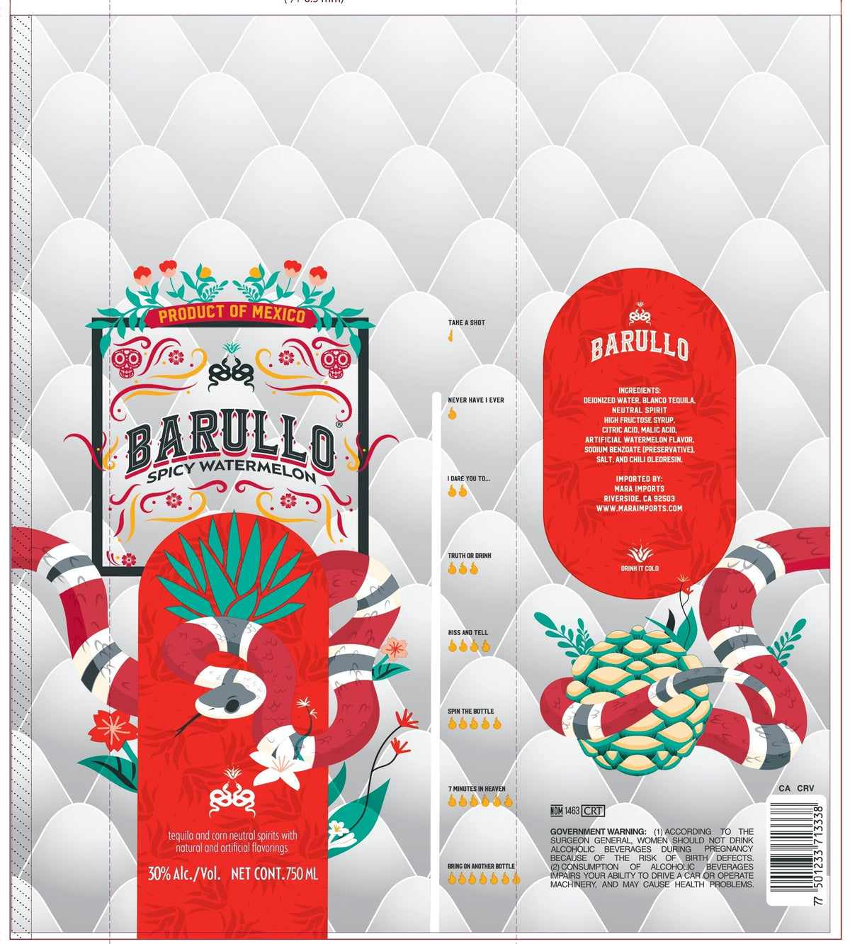 Barullo Spicy Watermelon Sandía Liqueur 750ml label features a striking red snake coiled around an agave plant, surrounded by vibrant watermelon slices and lush leaves, all set against a crisp white scale-patterned background. This captivating design embodies the bold character of Barullo’s spicy watermelon liqueur and includes essential product details as well as a Product of Mexico badge.