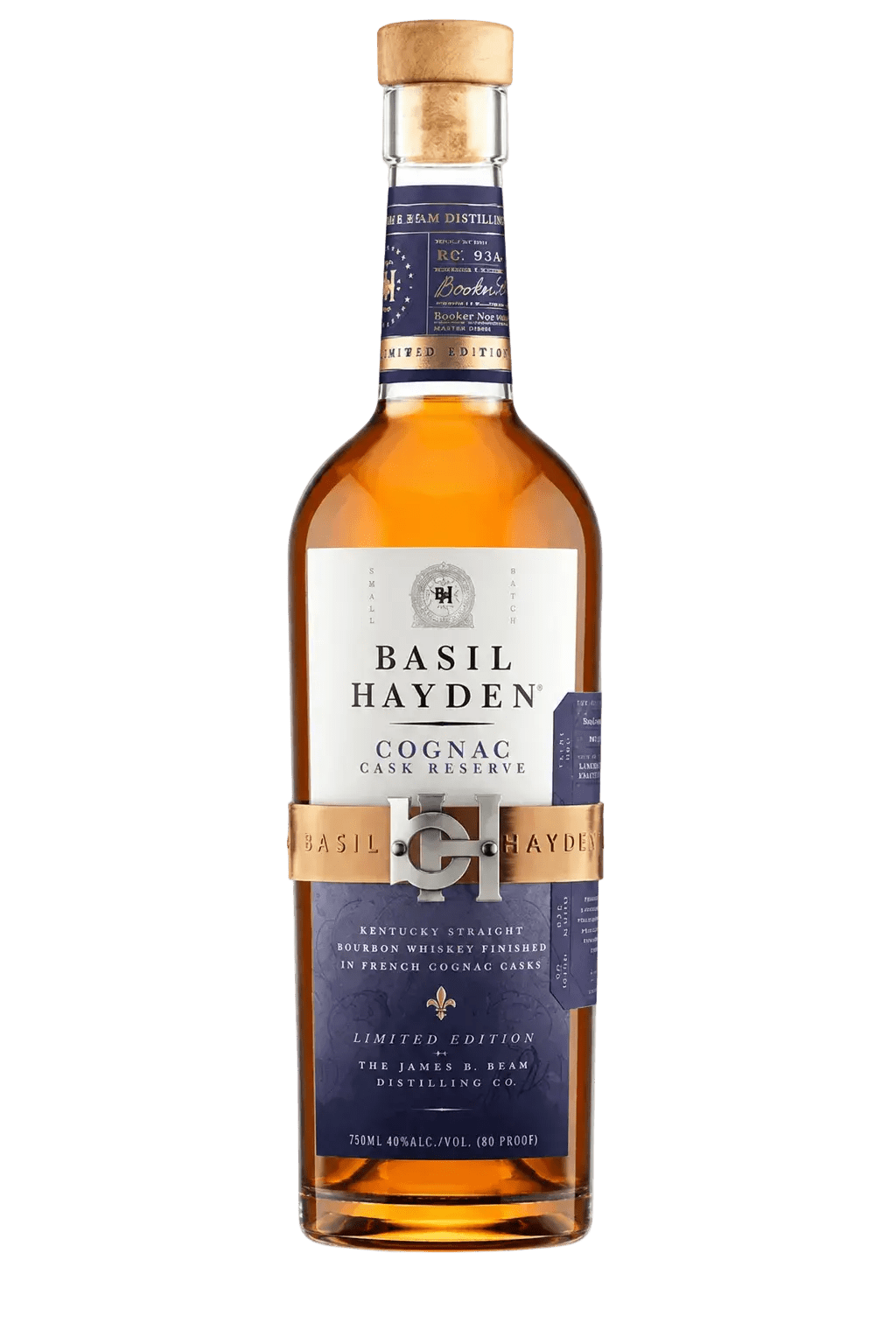 A bottle of Basil Hayden Cognac Cask Reserve whiskey, featuring a white and navy blue label with a gold band, filled with amber liquid and sealed with a cork, on a light gray background.
