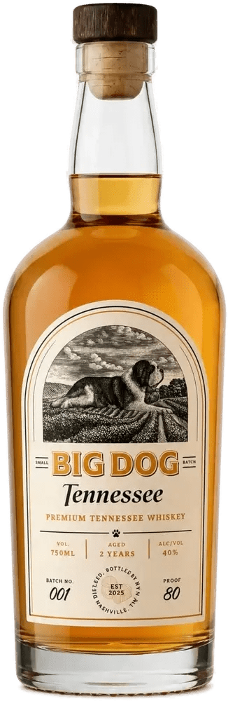 A bottle of Big Dog Premium Tennessee Whiskey from The Nashville Distillery, featuring a label with a black and white illustration of a large dog in a field. This classic American whiskey is 40% alcohol by volume, aged for 4 years, and has an 80 proof rating.