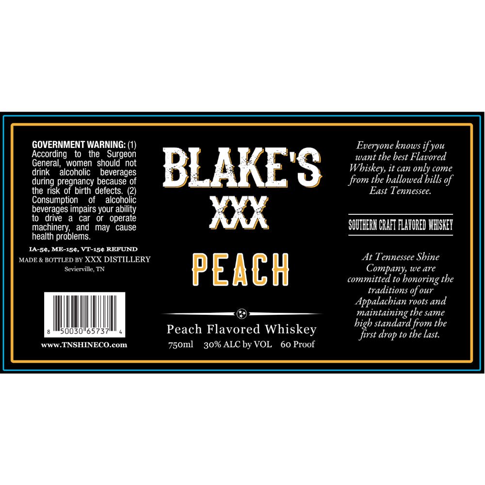 Blake’s XXX Peach Flavored Whiskey American Whiskey Tennessee Shine Co   