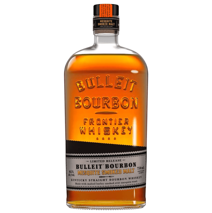 A bottle of Bulleit Bourbon Mesquite Smoked Malt Limited Release, featuring amber liquid, an embossed label, a black and orange cap, and detailed front text.