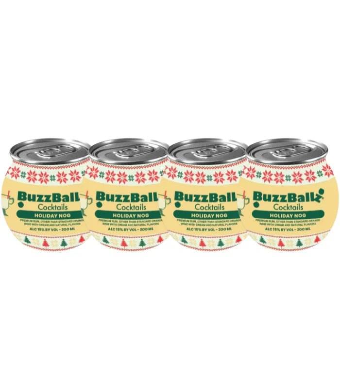 Four cans of Buzzballz Holiday Nog Pre-Mixed Cocktails 4-Pack are arranged in a row, showcasing festive red and green holiday-themed packaging on a light yellow background.