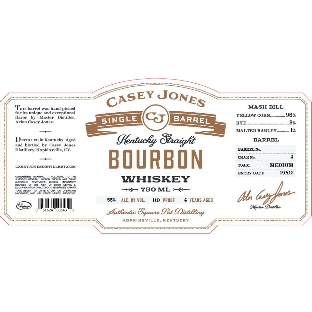 Casey Jones Single Barrel Kentucky Straight Bourbon Mash Bill 1 Bourbon Casey Jones Distillery   