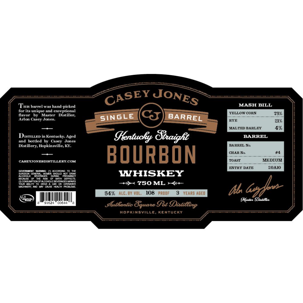 Casey Jones Single Barrel Kentucky Straight Bourbon Mash Bill 2 Bourbon Casey Jones Distillery   