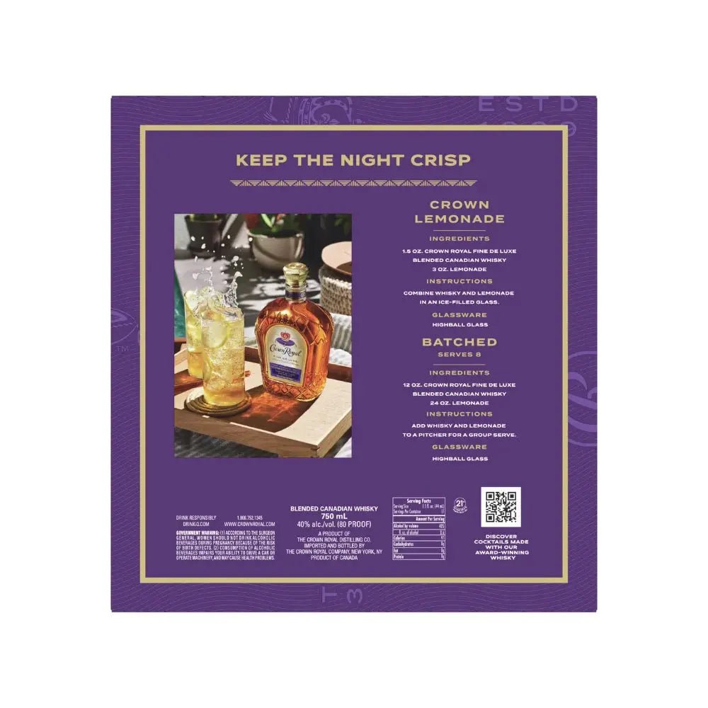 Purple instructional card featuring a bottle of Crown Royal Deluxe with Tumbling Tower Gift Set by Crown Royal, a cocktail glass with ice and lemon, and Crown Lemonade drink recipes complete with ingredients and instructions. Text and images are neatly arranged, making this card an excellent addition to any gift set.