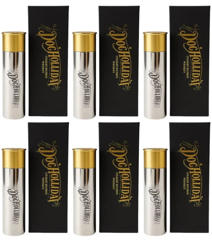 Eight Doc Holliday 10 Year Bourbon Shotgun Shell Limited Edition 100mL bottles with gold caps and silver bodies, each in a black box with ornate gold Doc Holliday branding, arranged in a grid on a white background.