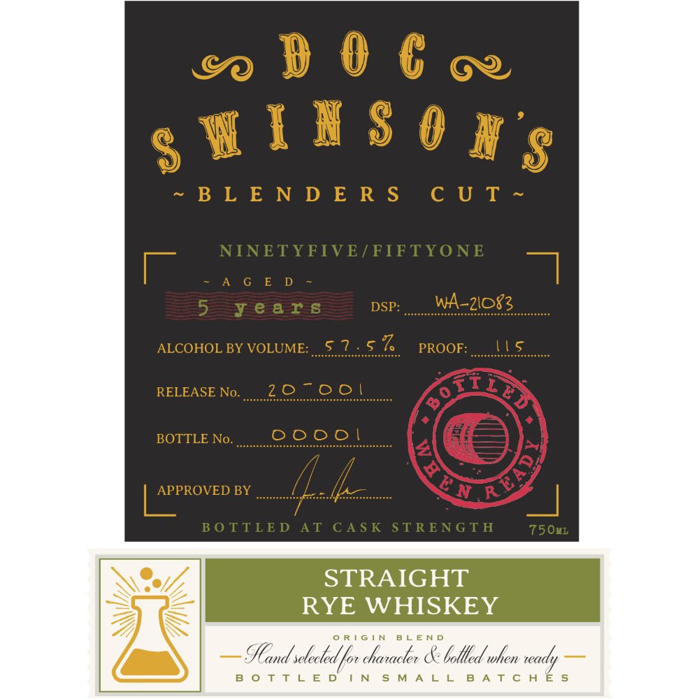 Doc Swinson’s Blenders Cut Ninetyfive/Fiftyone Straight Rye Rye Whiskey Doc Swinson's   