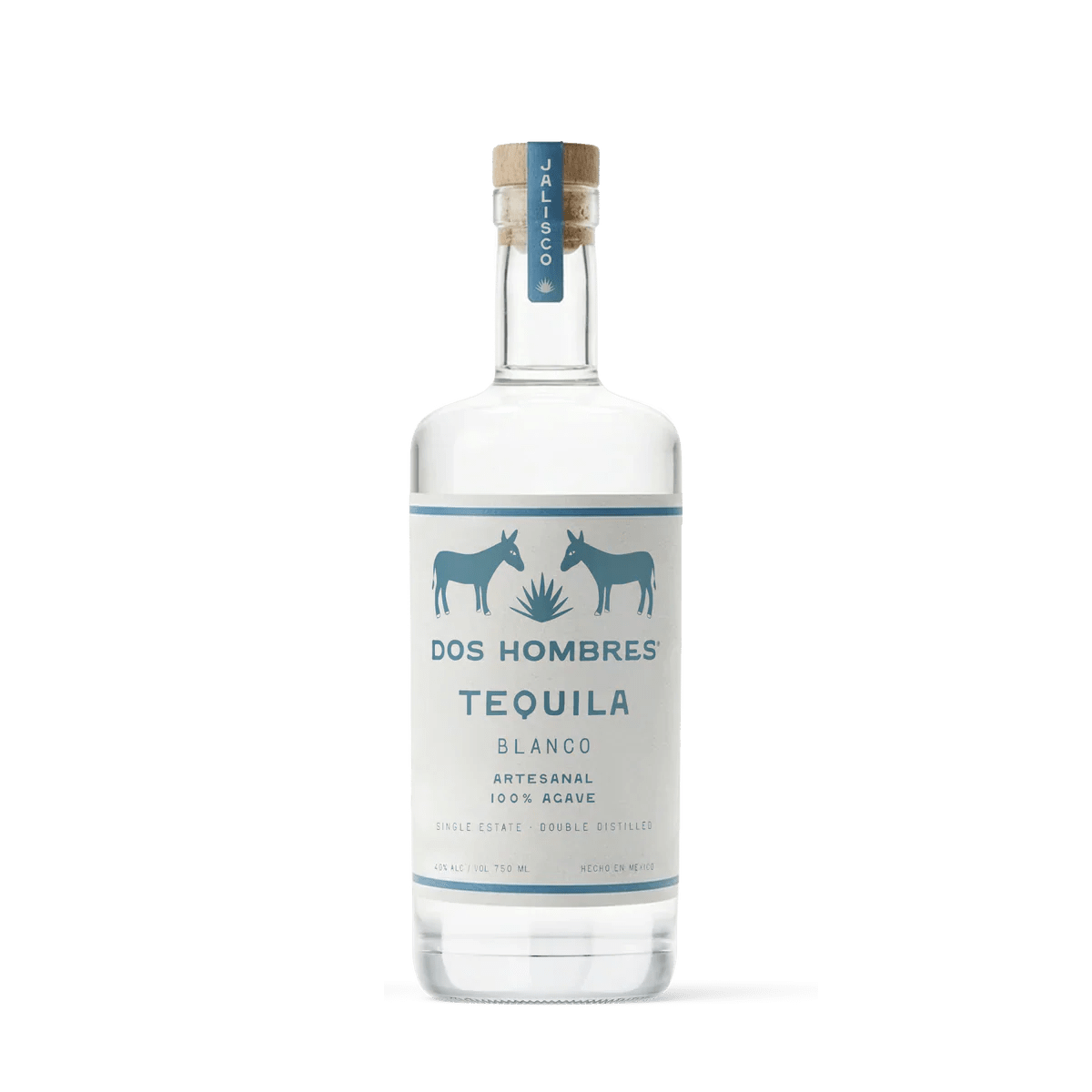 A clear glass bottle of Dos Hombres Blanco Tequila by Dos Hombres, a premium, artisanal, double distilled tequila made from 100% agave and featuring a white label with two blue donkeys.