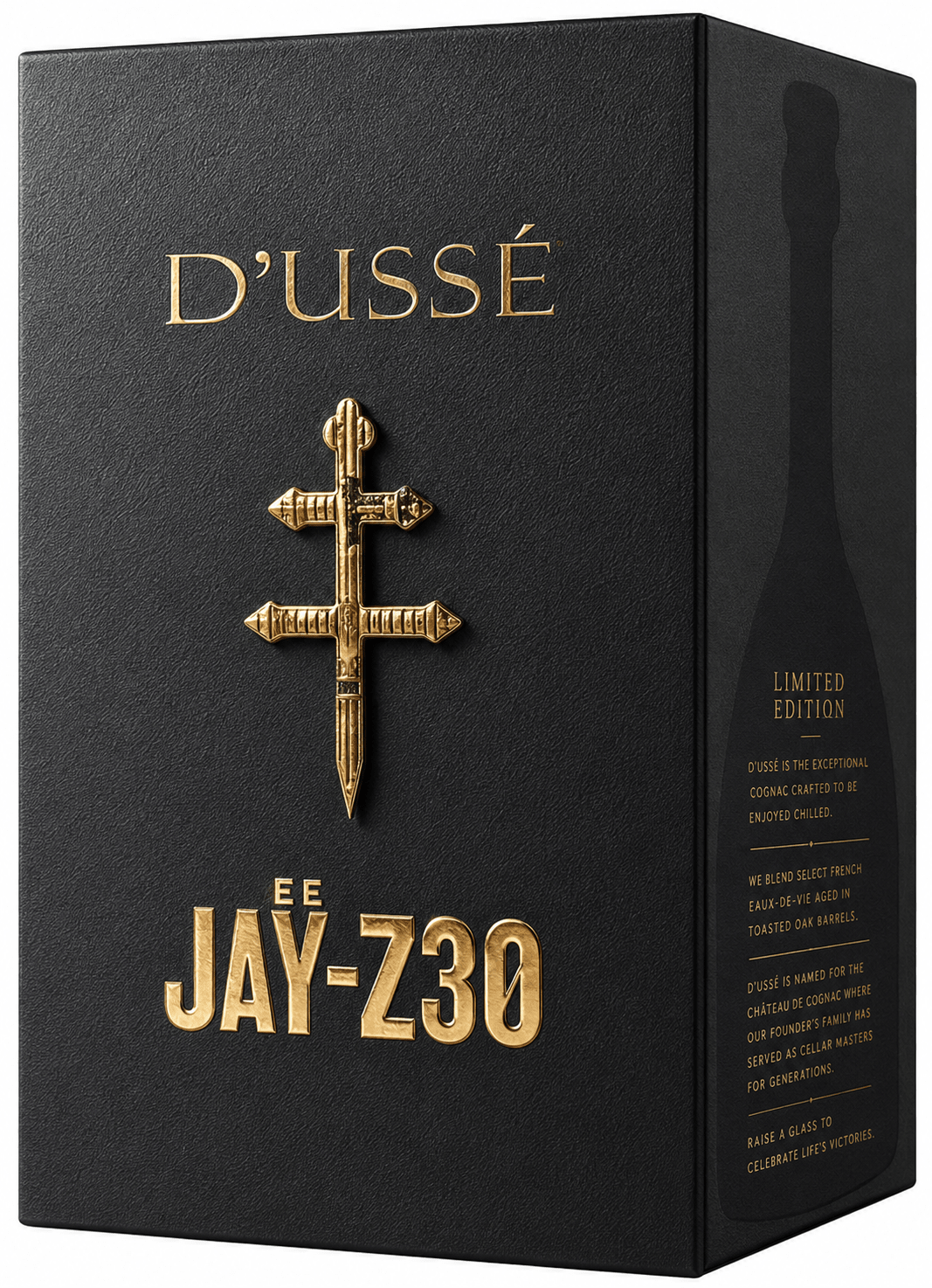 A black D’USSÉ VSOP Jay-Z30 Limited Edition Cognac box with gold embossed text, featuring the iconic cross and “JAY-Z 30” on the front. The side panel showcases this French cognac’s quality and heritage in elegant gold lettering.