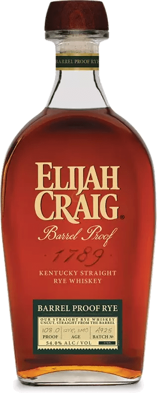 A bottle of Elijah Craig Barrel Proof Rye Batch A925 features a dark amber liquid, gold wax seal, and a green label with batch details.