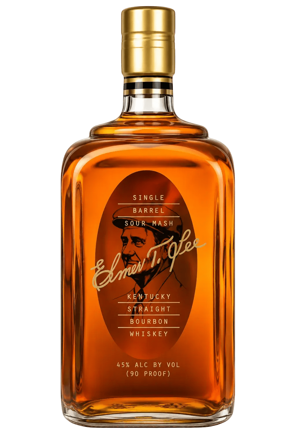 A clear bottle of Elmer T. Lee Single Barrel by Elmer T. Lee, filled with amber bourbon and topped with a gold cap, features a label displaying text and an illustration of a man’s profile.