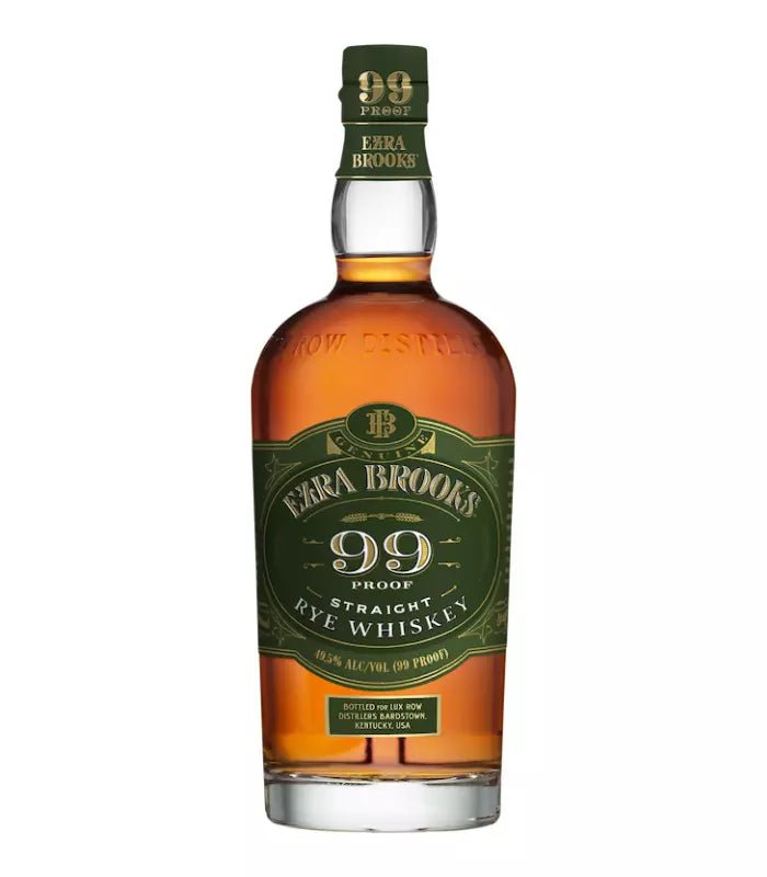 A bottle of Ezra Brooks 99 Proof Straight Rye features a green label and cap with "99 Proof" and "Straight Rye Whiskey" boldly in white and gold, representing the Ezra Brooks brand.