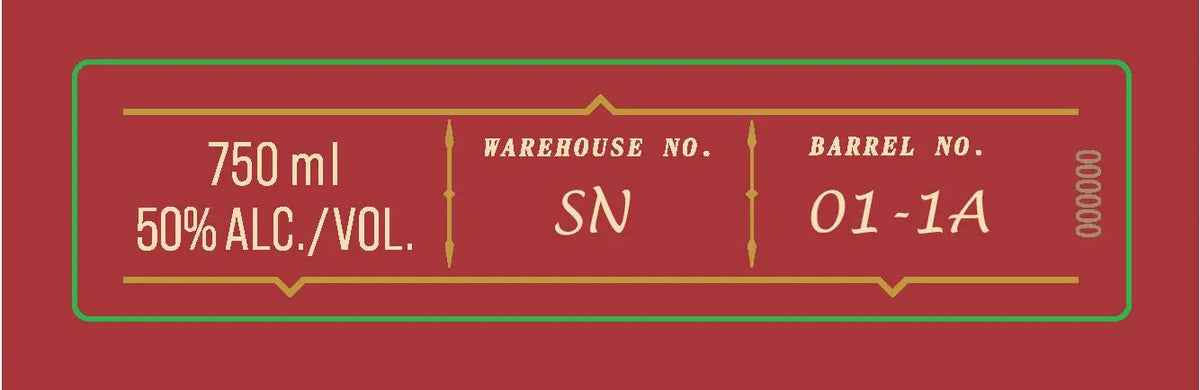 A red label featuring gold text and decorative lines displays "750 mL, 50% ALC./VOL., WAREHOUSE NO. SN, and BARREL NO. 01-1A"—crafted exclusively for Four Roses’ OBSQ Single Barrel Bourbon Whiskey.
