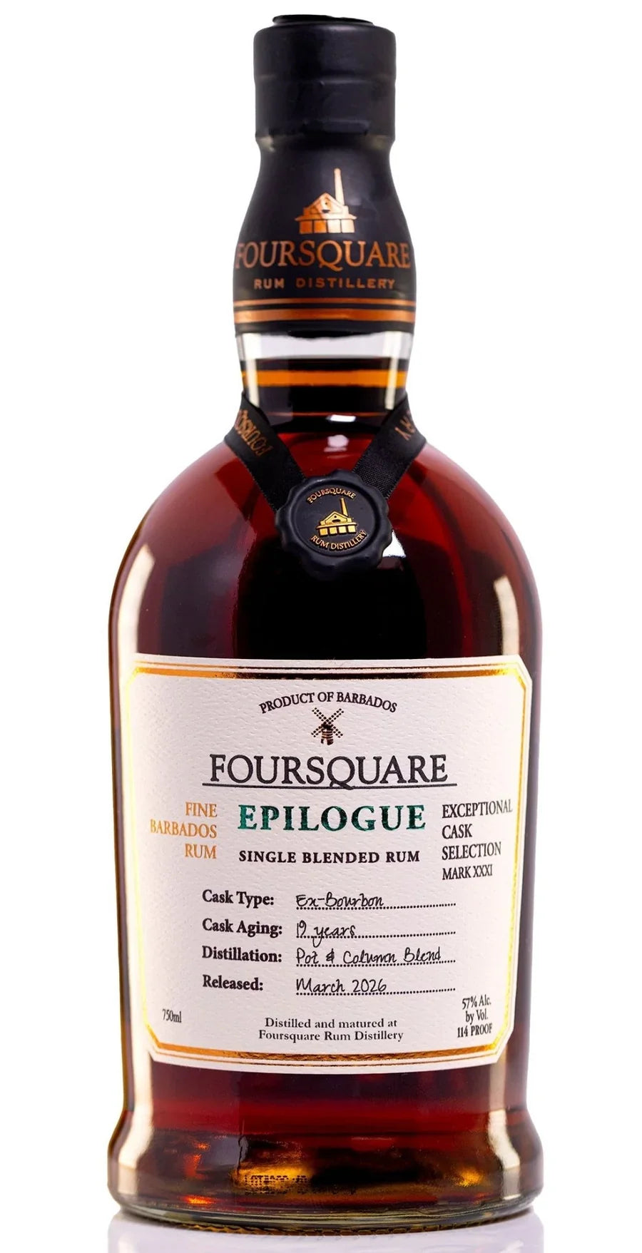 A bottle of Foursquare Epilogue 19 Year Mark XXXI Exceptional Cask Selection Rum from Foursquare Rum Distillery, featuring a gold and white label with details about cask type, aging, and bottling date. This single blended rum has been aged for 19 years, includes a dark cap, and displays the Foursquare logo at the top.